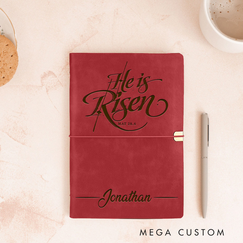 Personalized He is Risen Prayer Journal Leather A6 Devotional Notebook with Name Custom Religious Faith Journal Pastor Christian Gift for Women Men