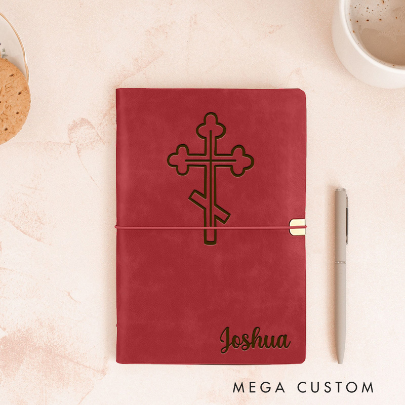 Personalized Triple-Bar Cross Prayer Journal Leather A6 Orthodox Prayer Notebook with Name Custom Nativity Lent Journal Religious Gift Baptism Gift