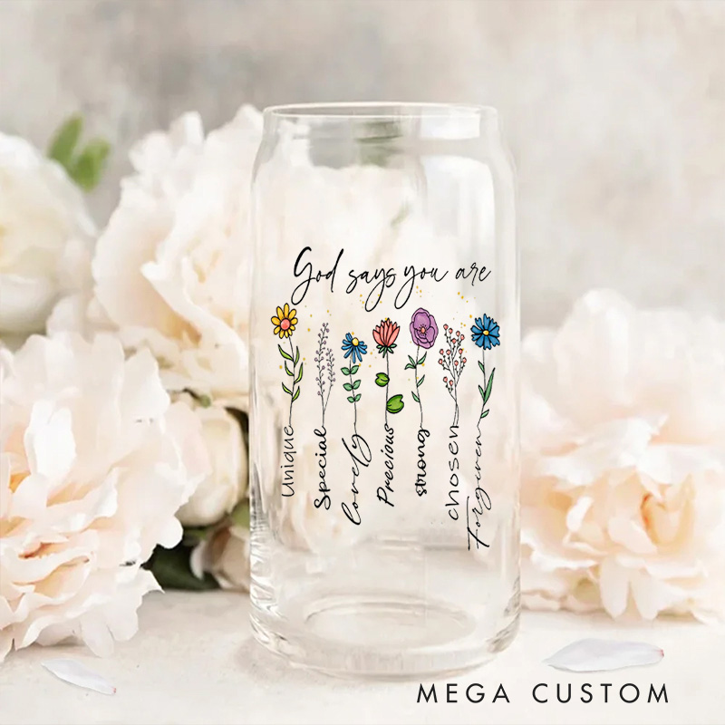 Personalized Wild Flower Glass Coffee Cup with Name Custom Christian Faith Birth Flower Tumbler Party Favor Gift for Women Girls Trip Gift for Her