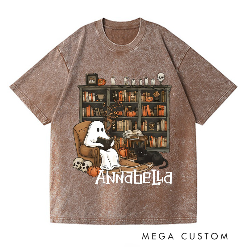 Personalized Retro Ghost Reading Books Washed T-Shirts Book Lover Shirt with Name Halloween Shirt Halloween Gifts Librarian Ghost Shirt