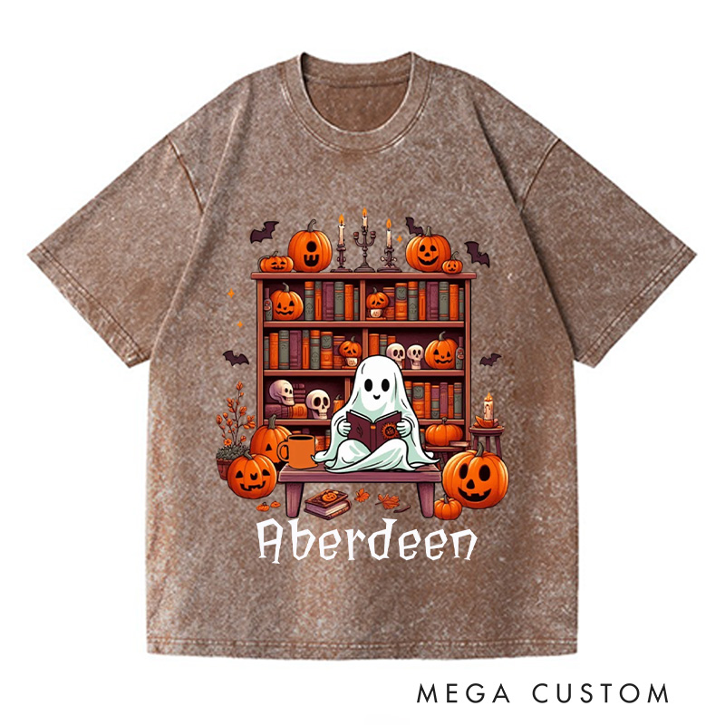 Personalized Ghost Book Reader Washed T-Shirts Reading Enthusiast Book Ghost Reader Tee for Literature Lover Boo Shirt Halloween Gifts
