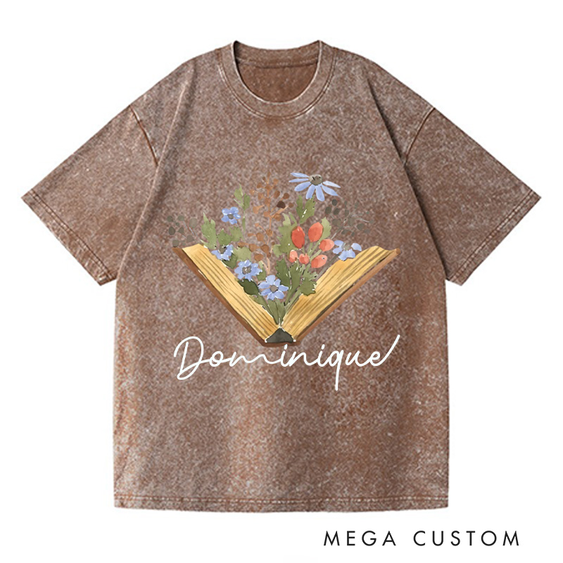 Personalized Wildflowers Book Washed T-Shirts Librarian Shirt Book Lovers Shirt Reader Shirt Gift For Bookworms Shirt Reading Gift