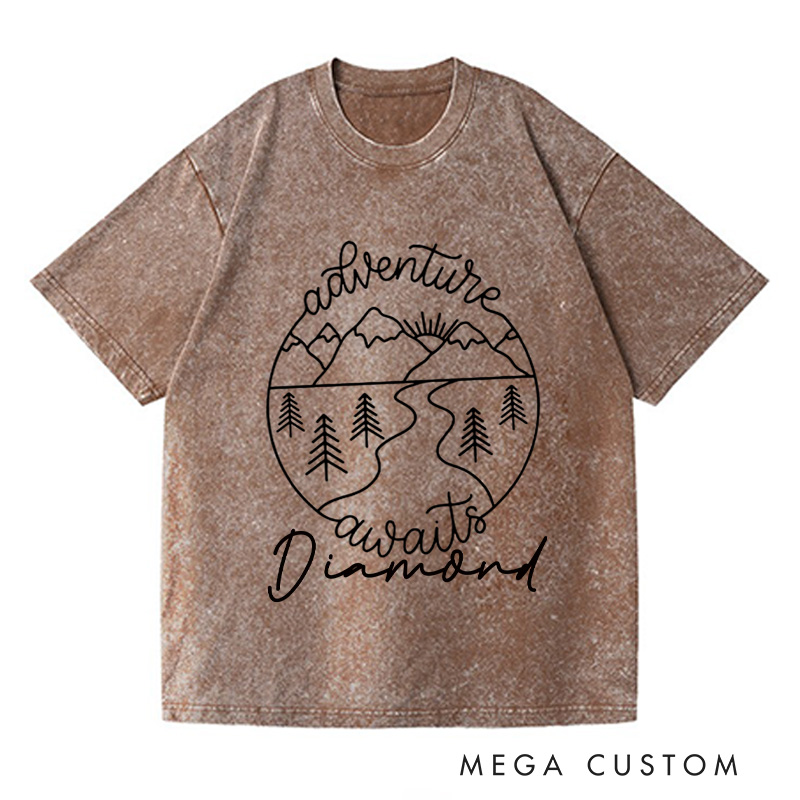 Personalized Adventure Awaits Travel Washed T-Shirts Mountain Shirt  with Name Tshirt Vacation Shirt Trip Lover Shirt Traveler Gift