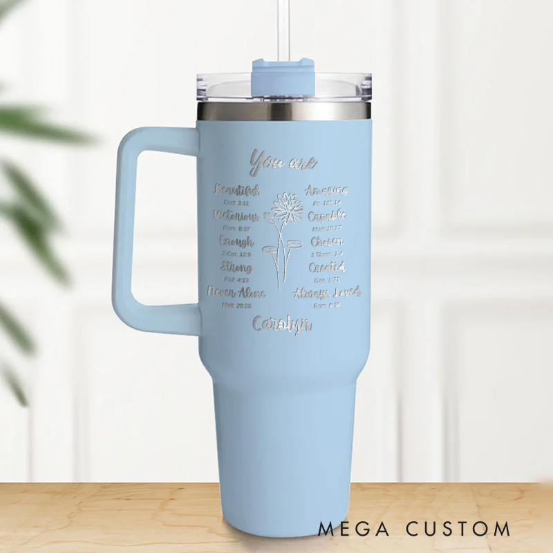 Personalized Birth Flower Bible Verse 40oz Insulated Tumbler with Name and Straw Christmas Gift for Women Christian Birthday Gift for Her