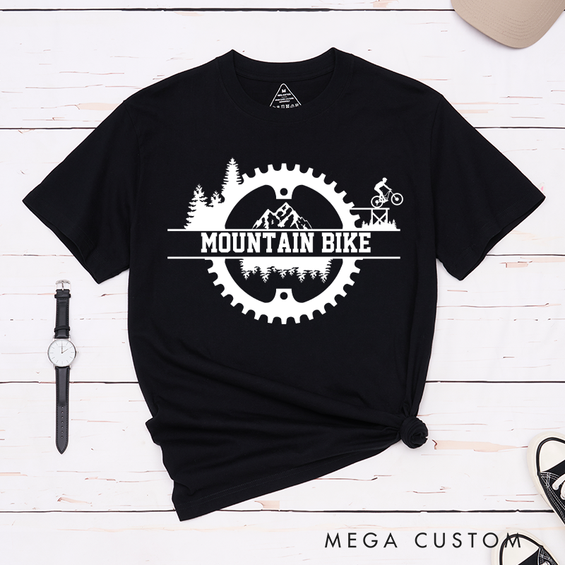 Personalized Mountain Bike Adventure T-Shirt with Forests Cyclist Silhouette for Outdoor Adventures Riding Cycling Biking Enthusiasts