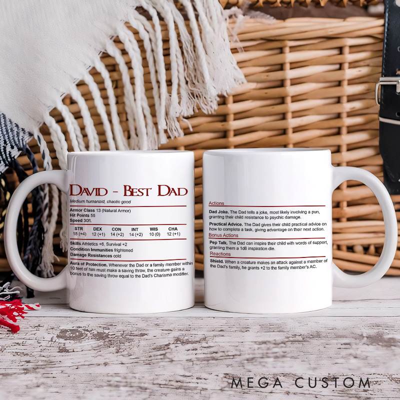 Personalized DnD Dad Mug DnD Stat Block Mug Dungeons & Dragons Coffee Mug Father's Day Gift
