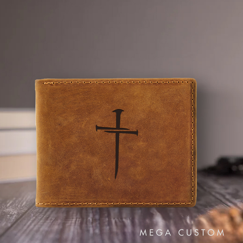Personalized Cross Leather Bifold Wallet with Multi Pocket Confirmation Gift Christian Birthday Gift for Christians