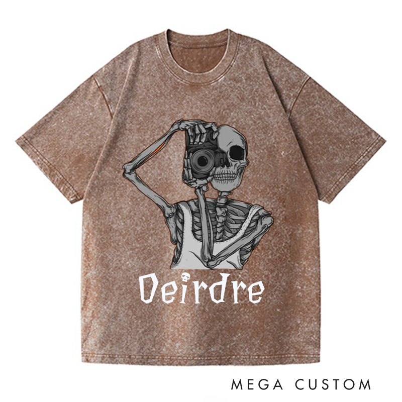 Personalized Skeleton Take Photos Washed T-Shirts Skeleton Shirt Funny Skeleton Tee Gifts For Those Who Love To Travel And Record Trip Lover Gift