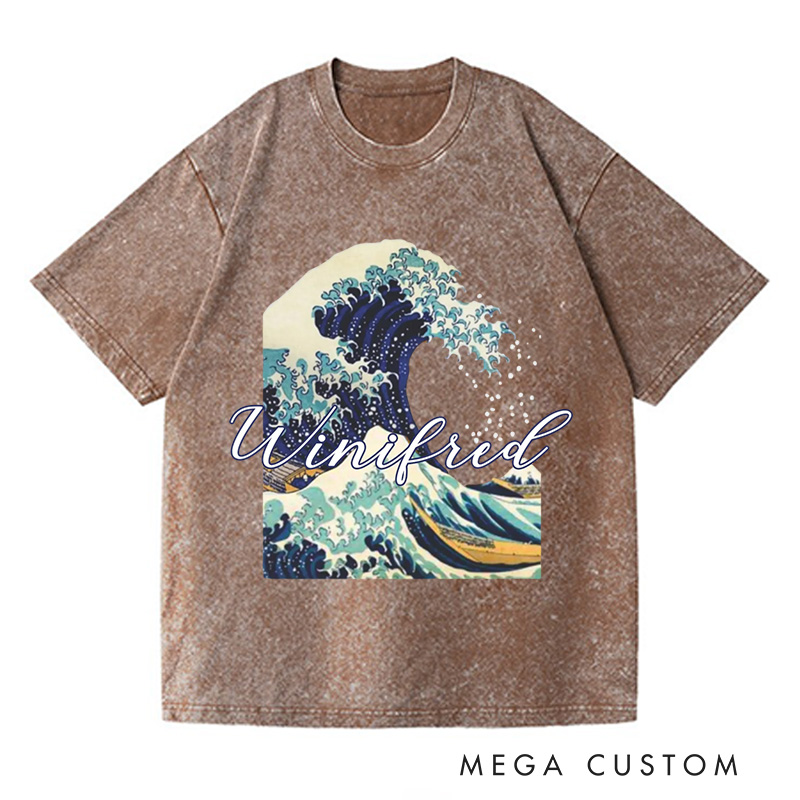 Personalized Giant Wave Washed T-Shirts Artistic Shirts Vacation Tee Customized Name Shirt Gift For Traveler