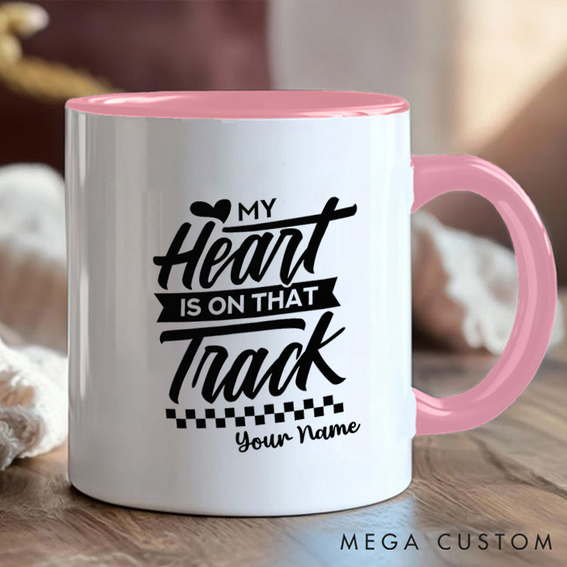 Personalized Racing Heart Mug with Name and Track Design for Outdoor Adventures Riding Cycling Biking Enthusiasts