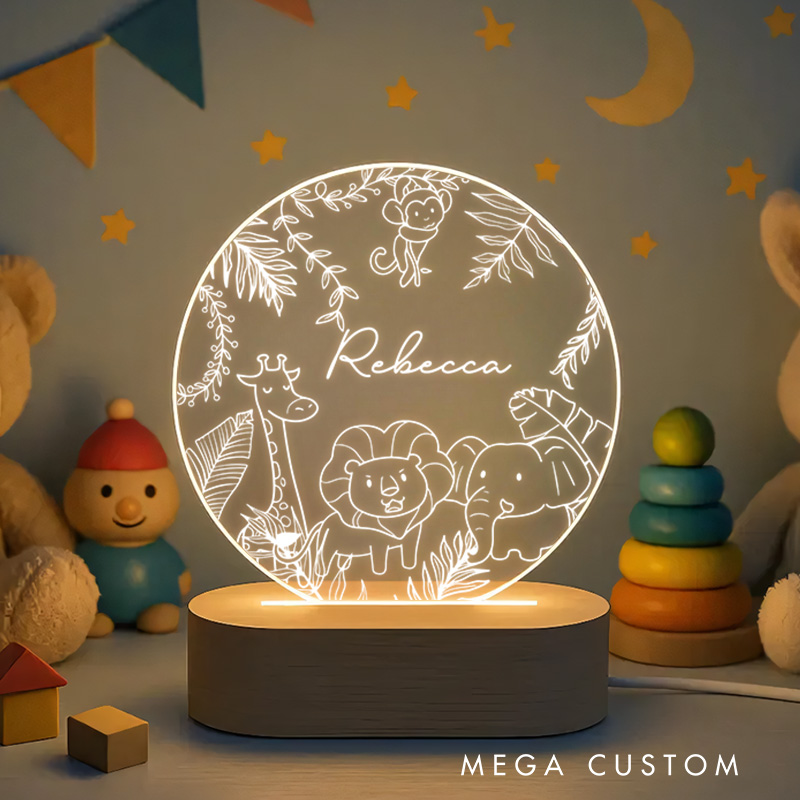 Personalized Jungle Outline Night Light Nursery Baby Room Name Sign Gift