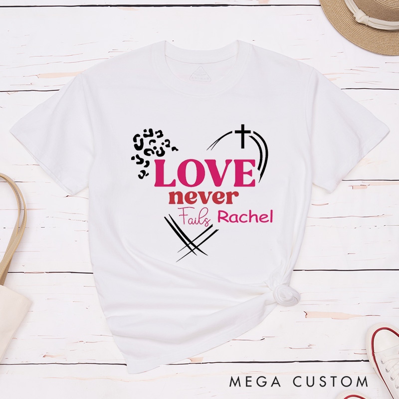 Personalized Love Never Fails Leopard Style Classic T-Shirt Bible Verse Cotton Shirt with Custom Name Easter Gift for Women