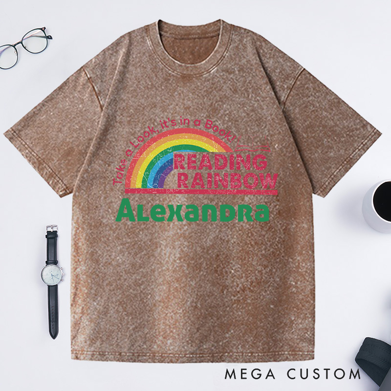 Personalized Reading Rainbow Washed T-Shirts for Librarian, Take a Look It's in a Book Shirt, Retro Librarian Tee with Name Book Lover Gift