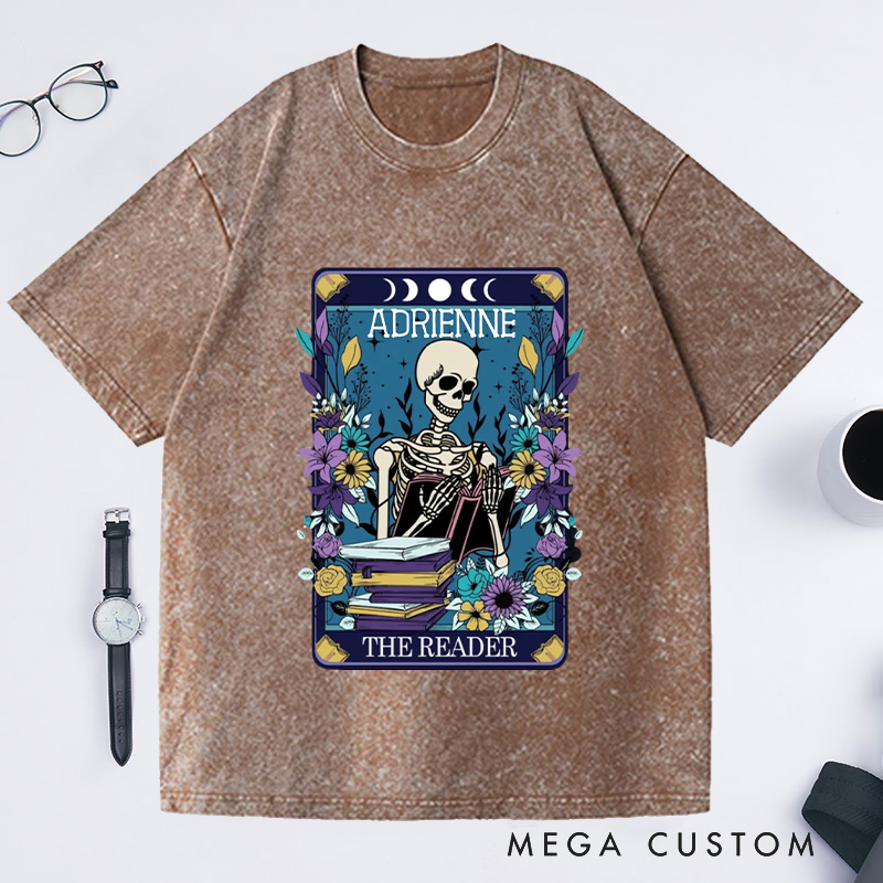Personalized The Reader Washed T-Shirts Bookish Shirt Skeleton Tarot Shirt for Book Lover Gift Librarian Gift