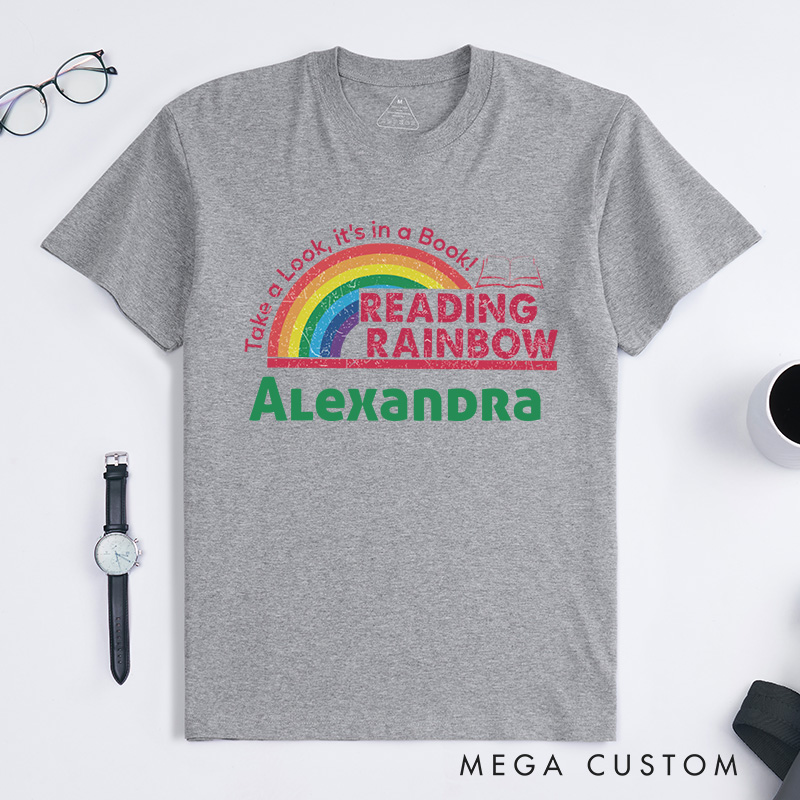 Personalized Reading Rainbow Classic T-shirt for Librarian, Take a Look It's in a Book Shirt Retro Librarian Tee with Name Book Lover Gift