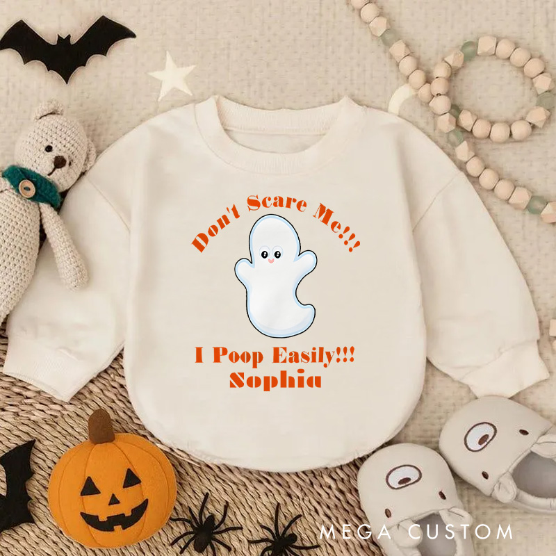 Personalized Funny Ghost Baby Bodysuit with Don’t Scare Me I Poop Easily Halloween Humor
