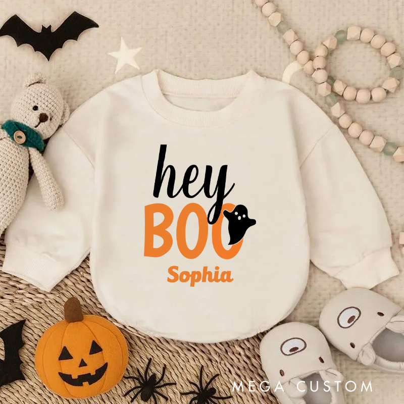 Personalized Hey Boo Orange Black Funny Halloween Ghost Baby Bodysuit