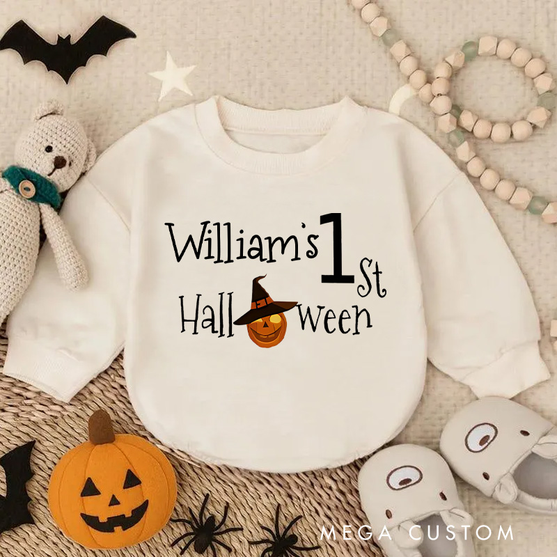 Personalized Baby's First Halloween Baby Bodysuit with Witch Hat and Pumpkin Details