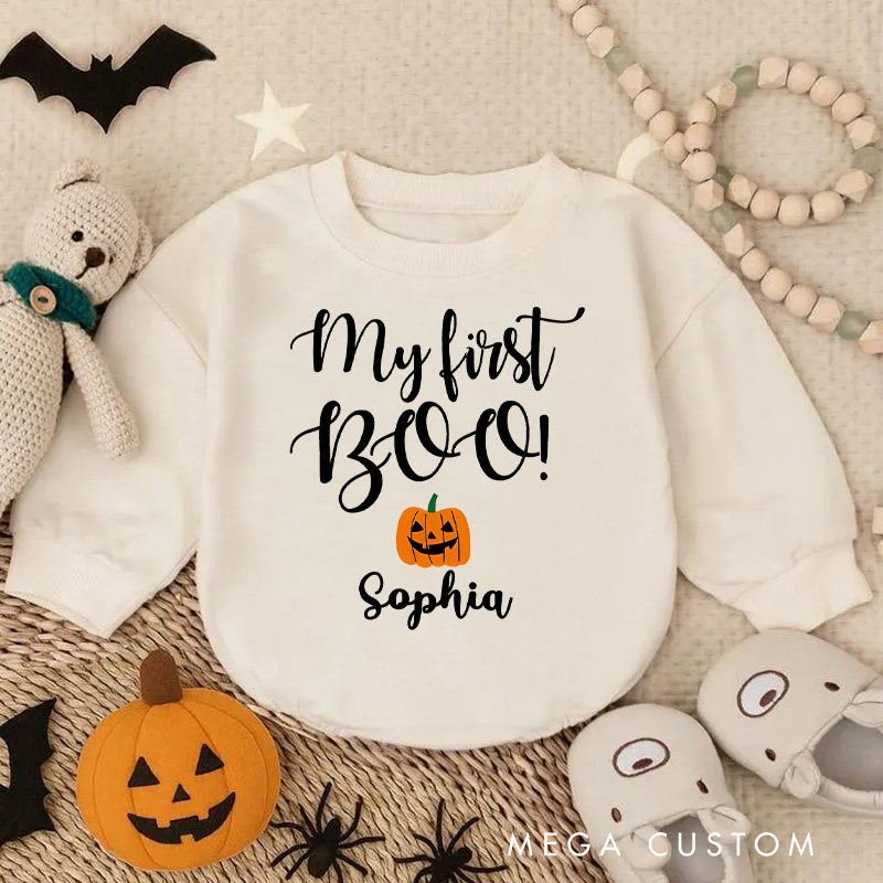 Personalized My First Boo Baby Bodysuit Featuring Cute Pumpkin for Baby’s Halloween Debut