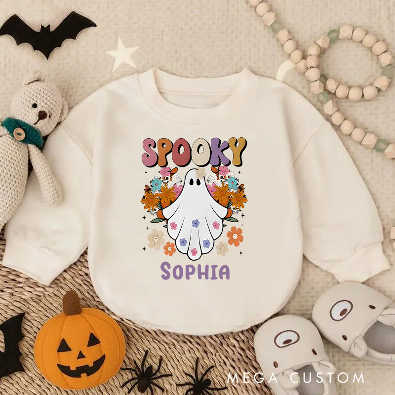Personalized Spooky Baby Bodysuit with Ghost and Fall Leaves for a Festive Look