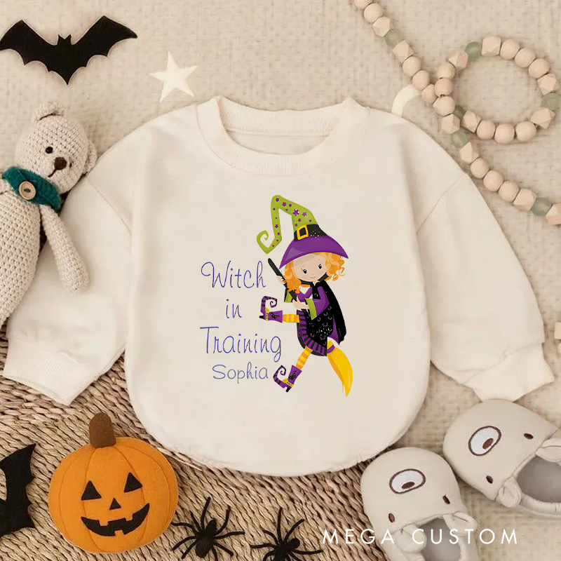 Personalized Witch in Training Baby Bodysuit Featuring Cute Witch Illustration for Halloween Fun
