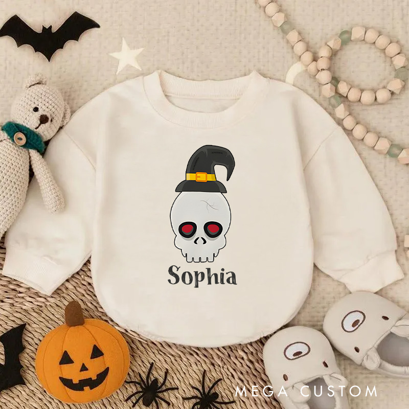 Personalized Skull Baby Bodysuit with Halloween Hat Perfect for Spooky Celebrations