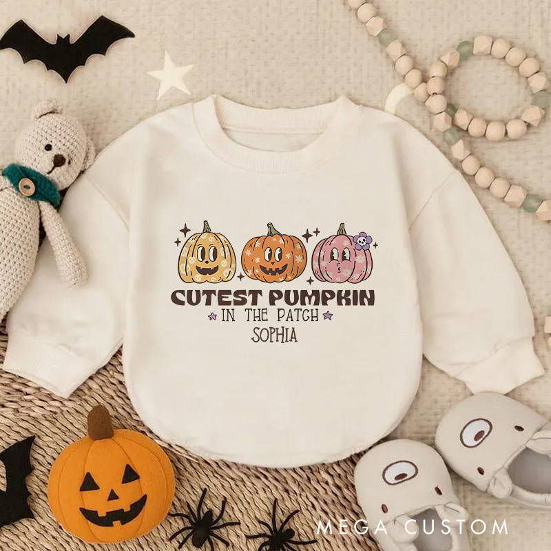 Personalized Cutest Pumpkin in the Patch Baby Bodysuit with Adorable Pumpkin Trio Illustration