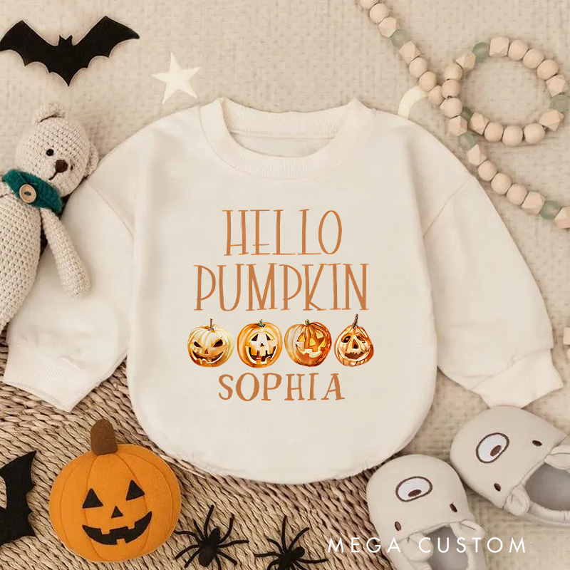 Personalized Hello Pumpkin Baby Bodysuit with Colorful Pumpkins for a Sweet Fall Celebration