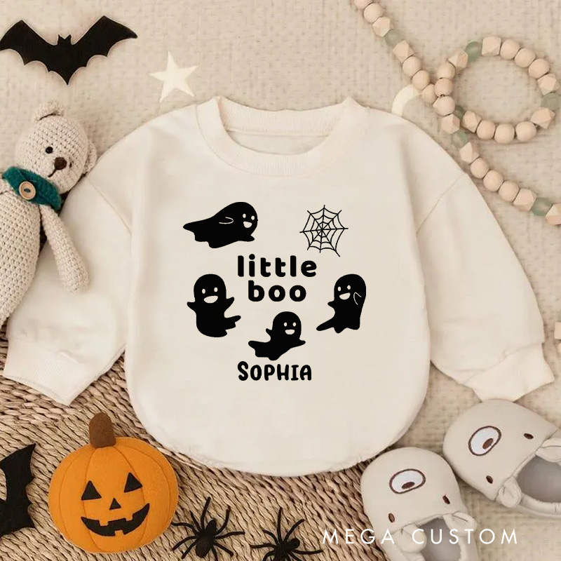 Personalized Little Boo Baby Bodysuit with Playful Ghosts and Spider Web for Halloween Fun