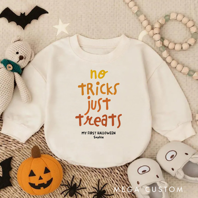Personalized No Tricks Just Treats Baby Bodysuit Featuring Festive Text and Customizable Name