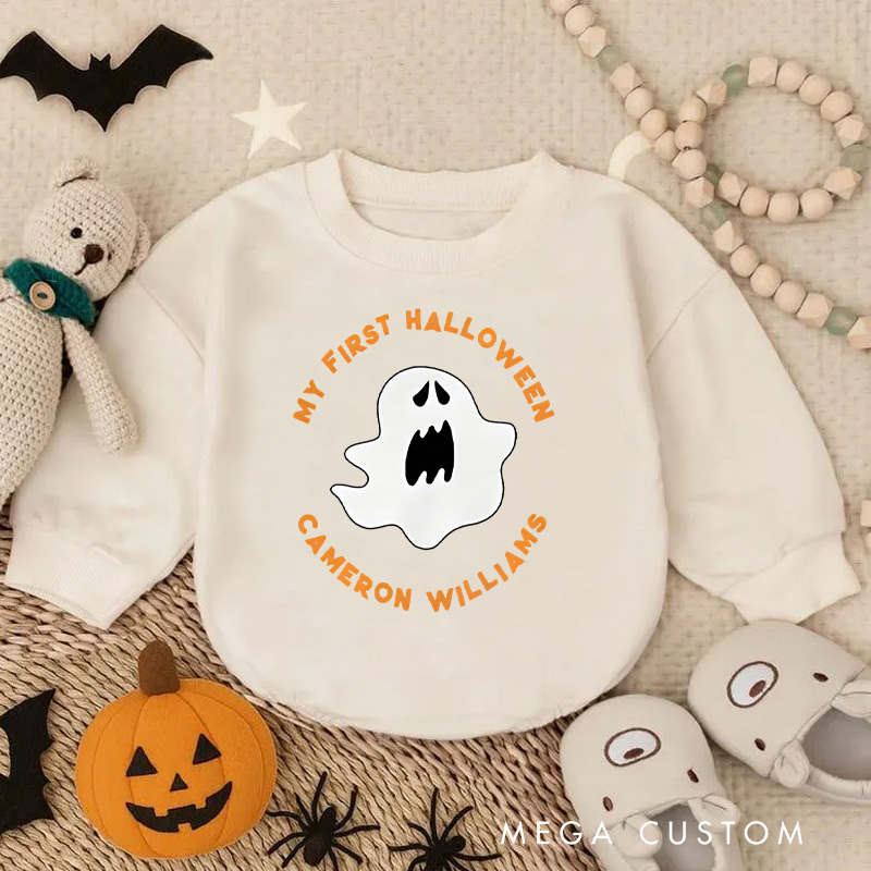 Personalized My First Halloween Baby Bodysuit with Ghost and Custom Name for Baby’s Special Day