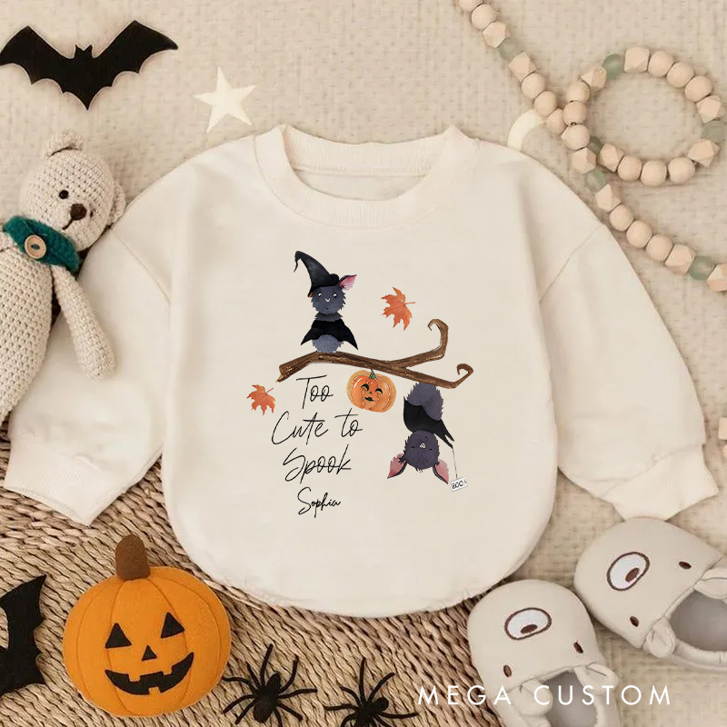 Personalized Too Cute to Spook Baby Bodysuit Featuring Adorable Bats and Pumpkins for Halloween