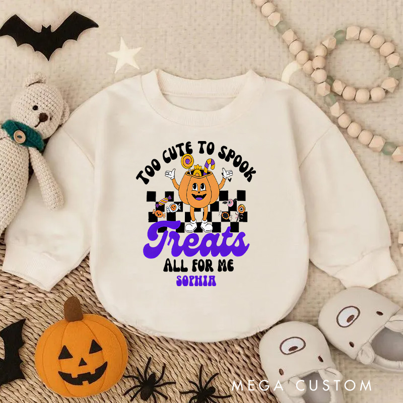 Personalized Too Cute to Spook Treats All for Me Baby Bodysuit with Pumpkin Character Design