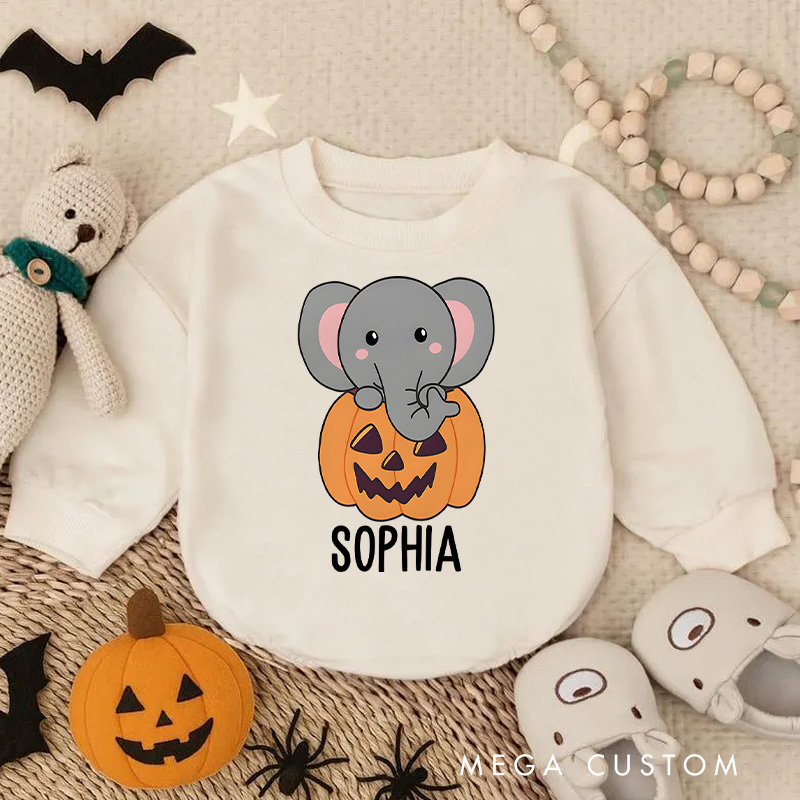 Personalized Elephant In Pumpkin Cute Elephant Happy Halloween Baby Bodysuit