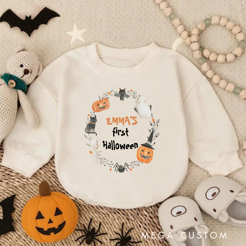 Personalized Baby's First Halloween Baby Bodysuit with Pumpkin Wreath and Custom Name Design
