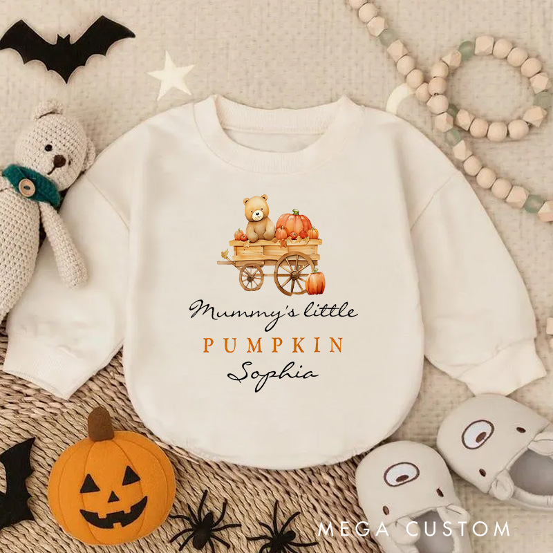 Personalized Mummy’s Little Pumpkin Baby Bodysuit Featuring Baby Carriage and Custom Name