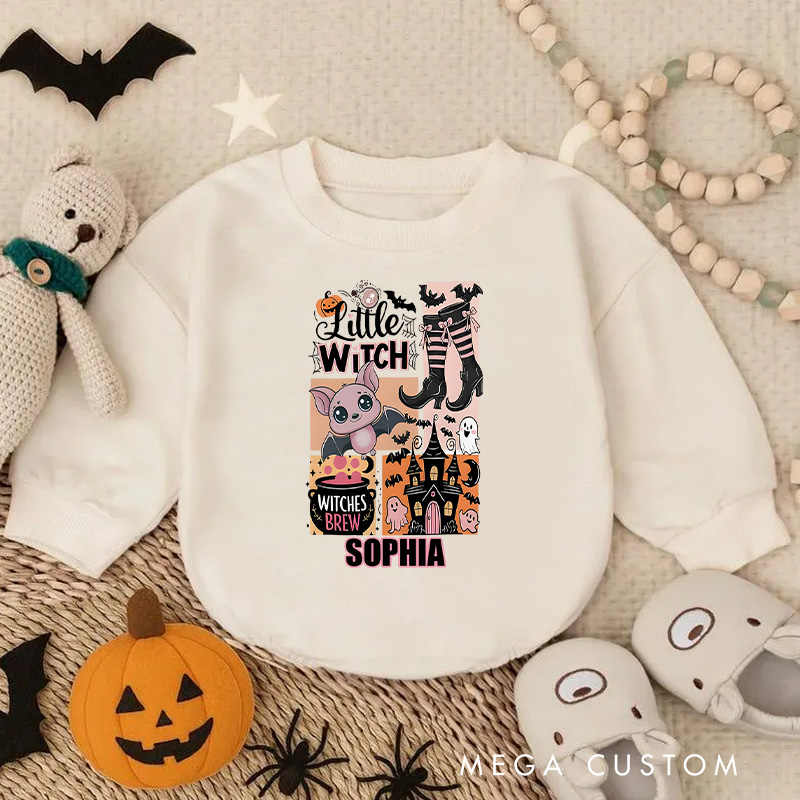 Personalized Little Witch Baby Bodysuit with Cute Cat and Broomstick for Halloween Adventures