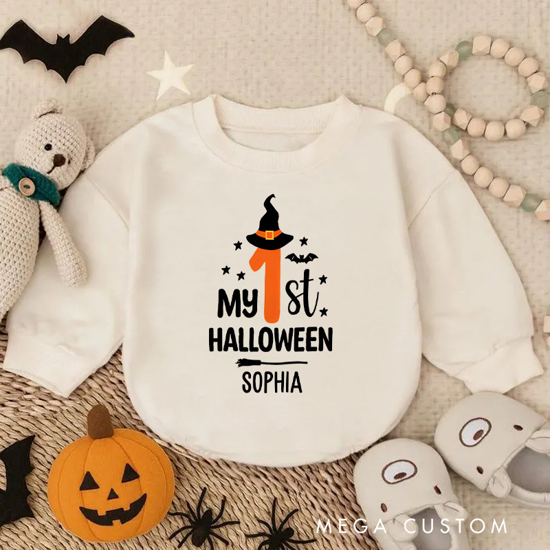 Personalized My First Halloween Baby Bodysuit with Witch Hat and Stars for Baby’s Special Celebration