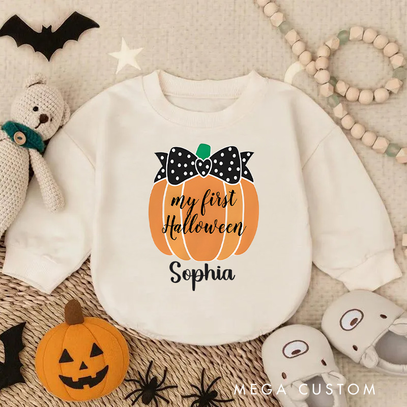 Personalized My First Halloween Pumpkin Baby Bodysuit with Bow Accent