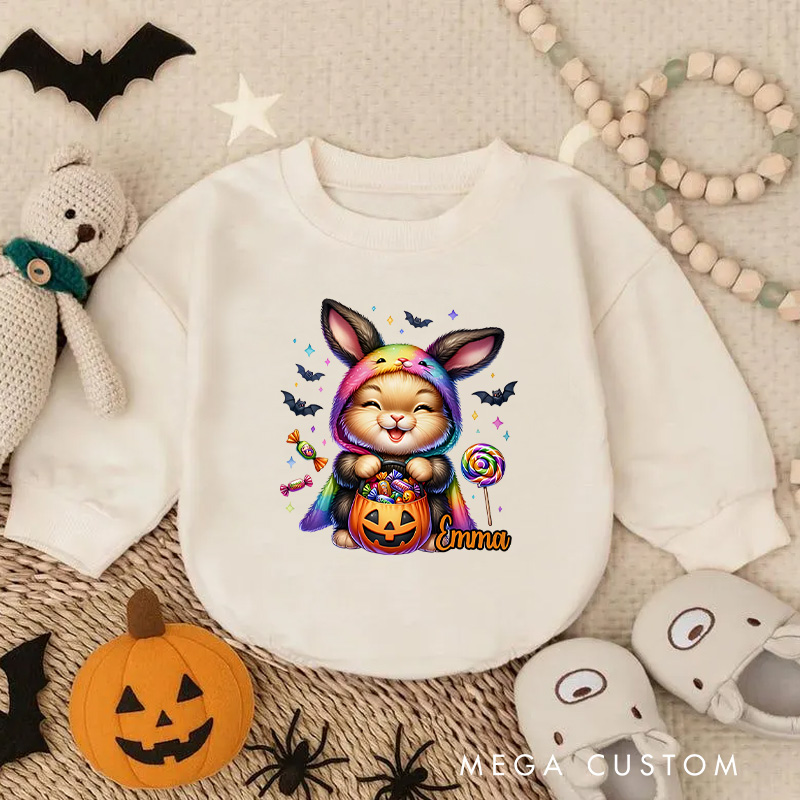 Personalized Halloween Animel Baby Bodysuit with Colorful Costume and Candy Design Featuring Name for Cute Celebrations
