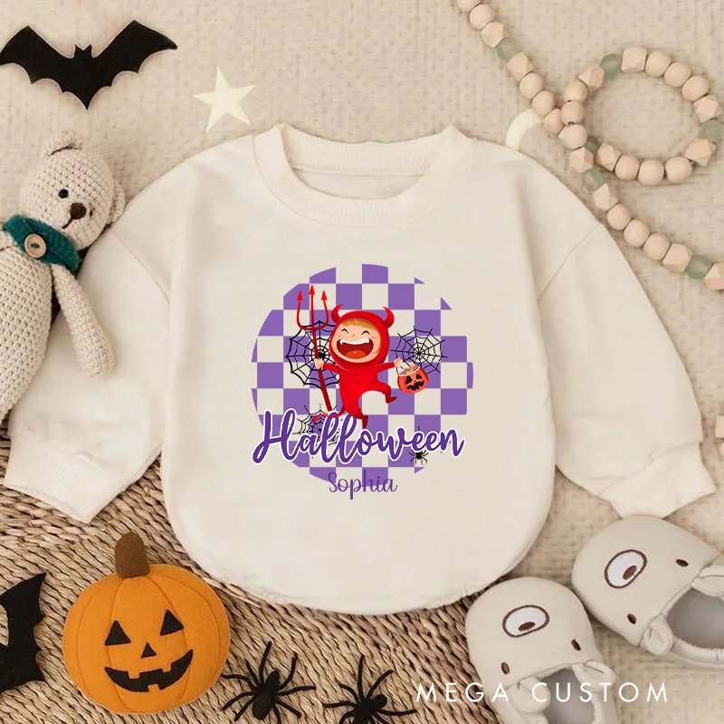 Personalized Halloween Monster Baby Bodysuit with Checkered Background for a Spooky and Cute Celebration