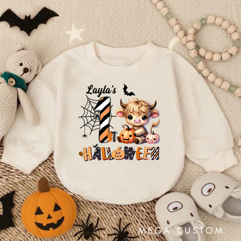 Personalized Spider Web and Pumpkin Design for Baby's First Halloween Celebration Baby Bodysuit