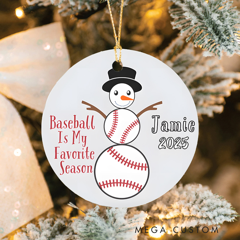 Personalized Baseball Snowman Christmas Ornament with Custom Name and Year Baseball Is My Favorite Season Design