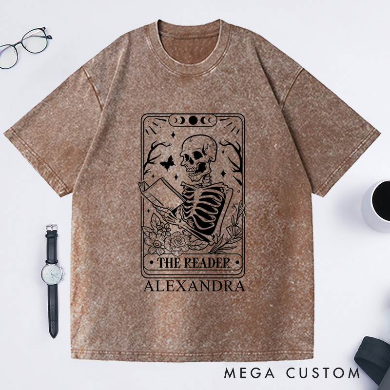 Personalized The Reader Tarot Card Shirt Skeleton Washed T-Shirts Reading Shirt Book Lover Shirt Gift Librarian Shirt 
