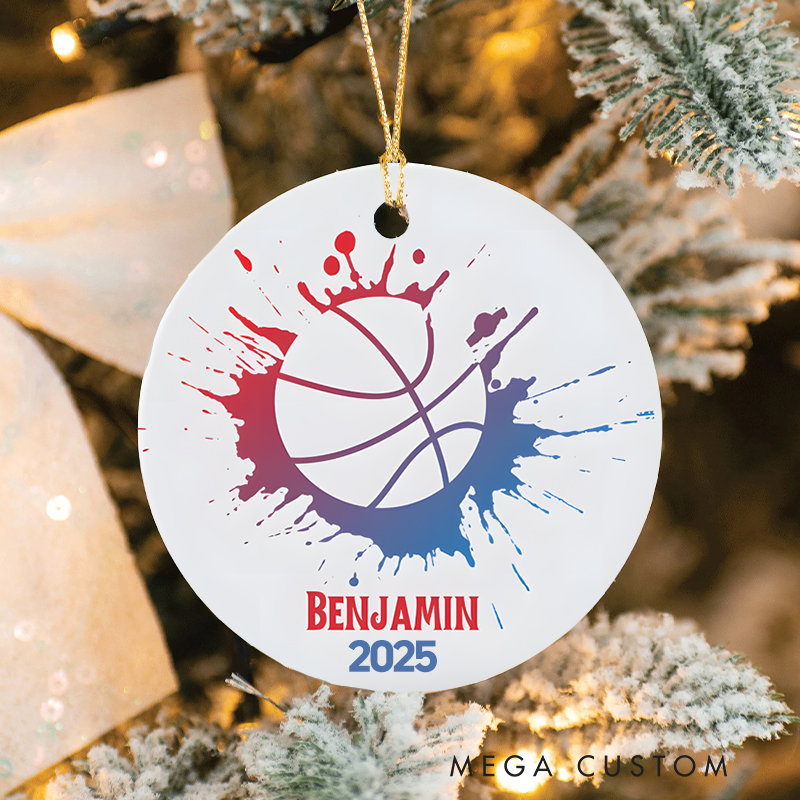 Personalized Basketball Christmas Ornament with Custom Name and Year Color Splash Design