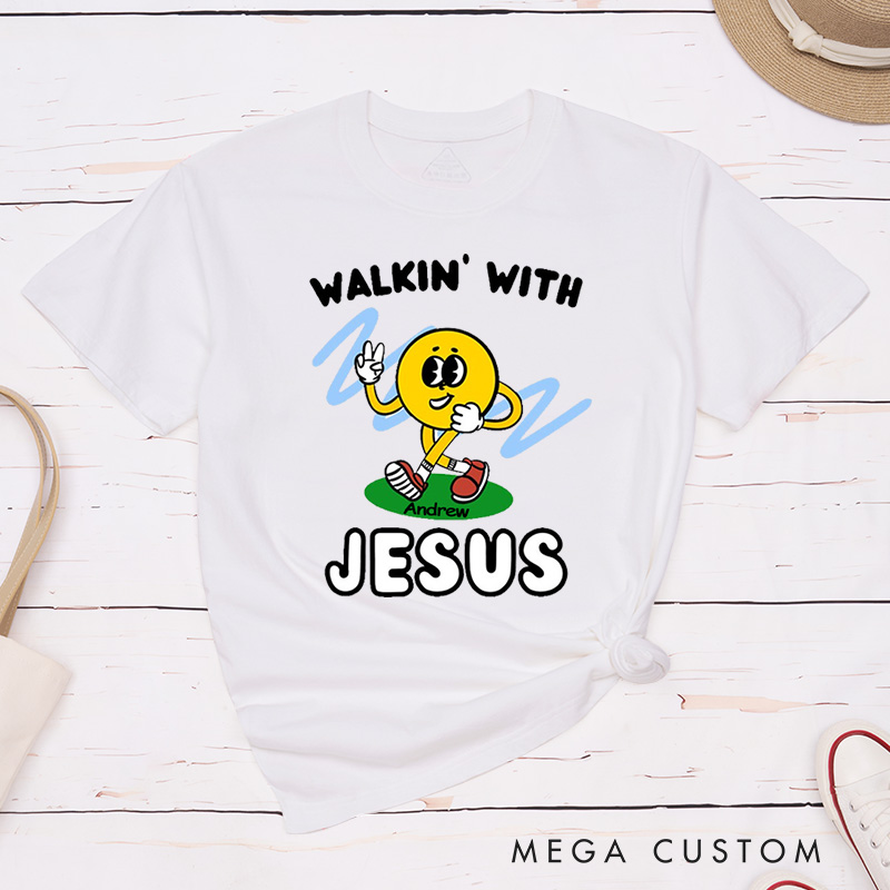 Personalized Walkin with Jesus Smiley Inspirational Shirt Cotton Classic T-Shirt with Custom Name Religious Gift Perfect Gift for Christians