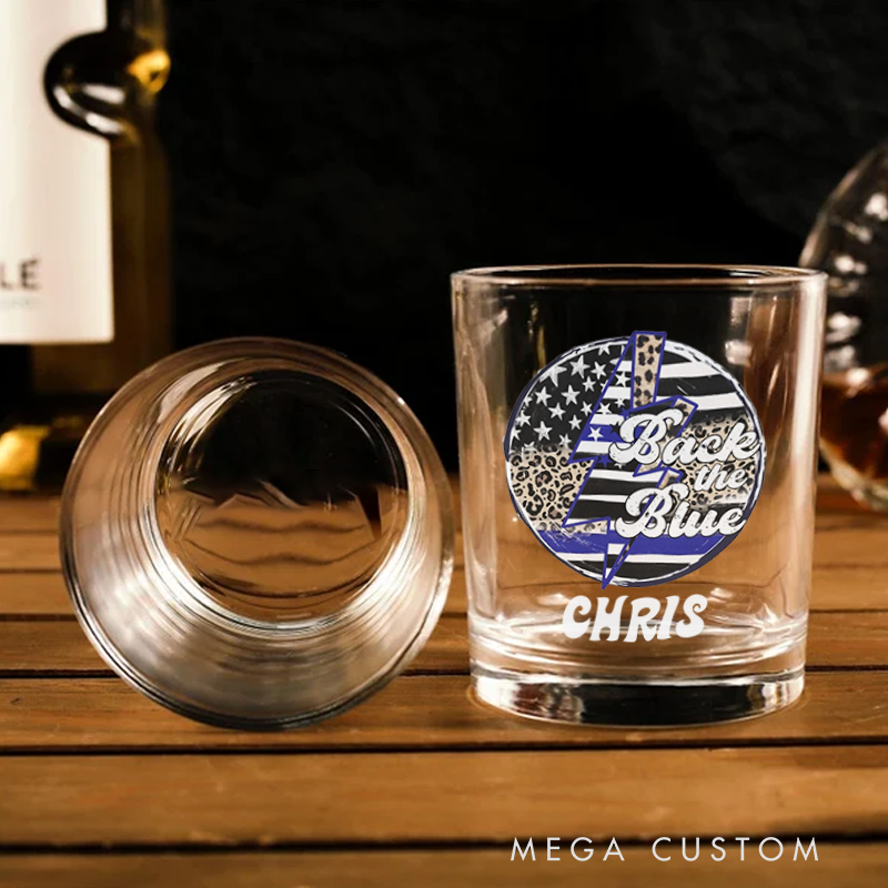 Personalized Policeman Whiskey Glass Back the Blue Leopard Print Heart Design Gift for Police Officer
