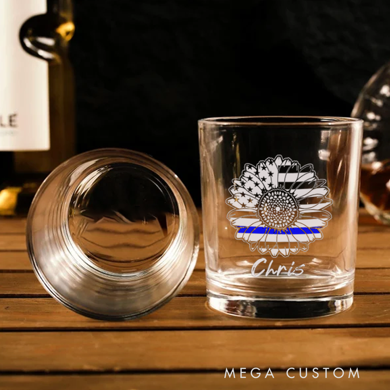 Personalized Policeman Whiskey Glass Thin Blue Line Sunflower Design Gift for Police Officer