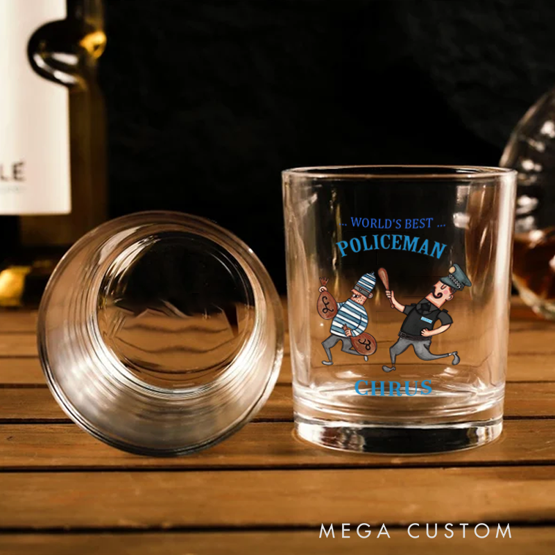 Personalized Policeman Whiskey Glass World's Best Policeman Cartoon Design Gift for Police Officer