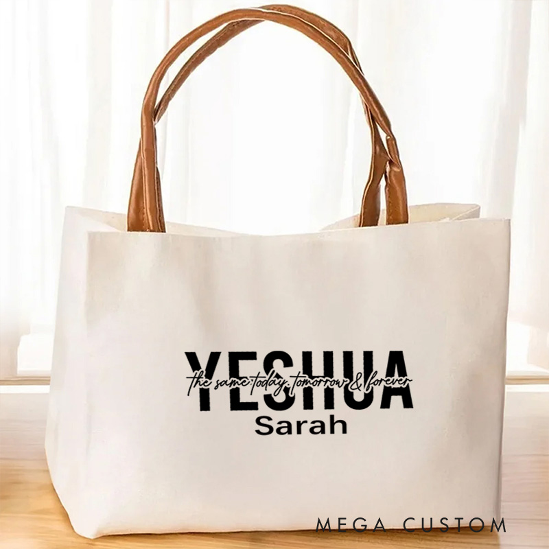 Personalized Yeshua Bible Large Canvas Tote Bag with Name and Leather Handle Travel Accessories Religious Ceremonies Gift for Women Christian